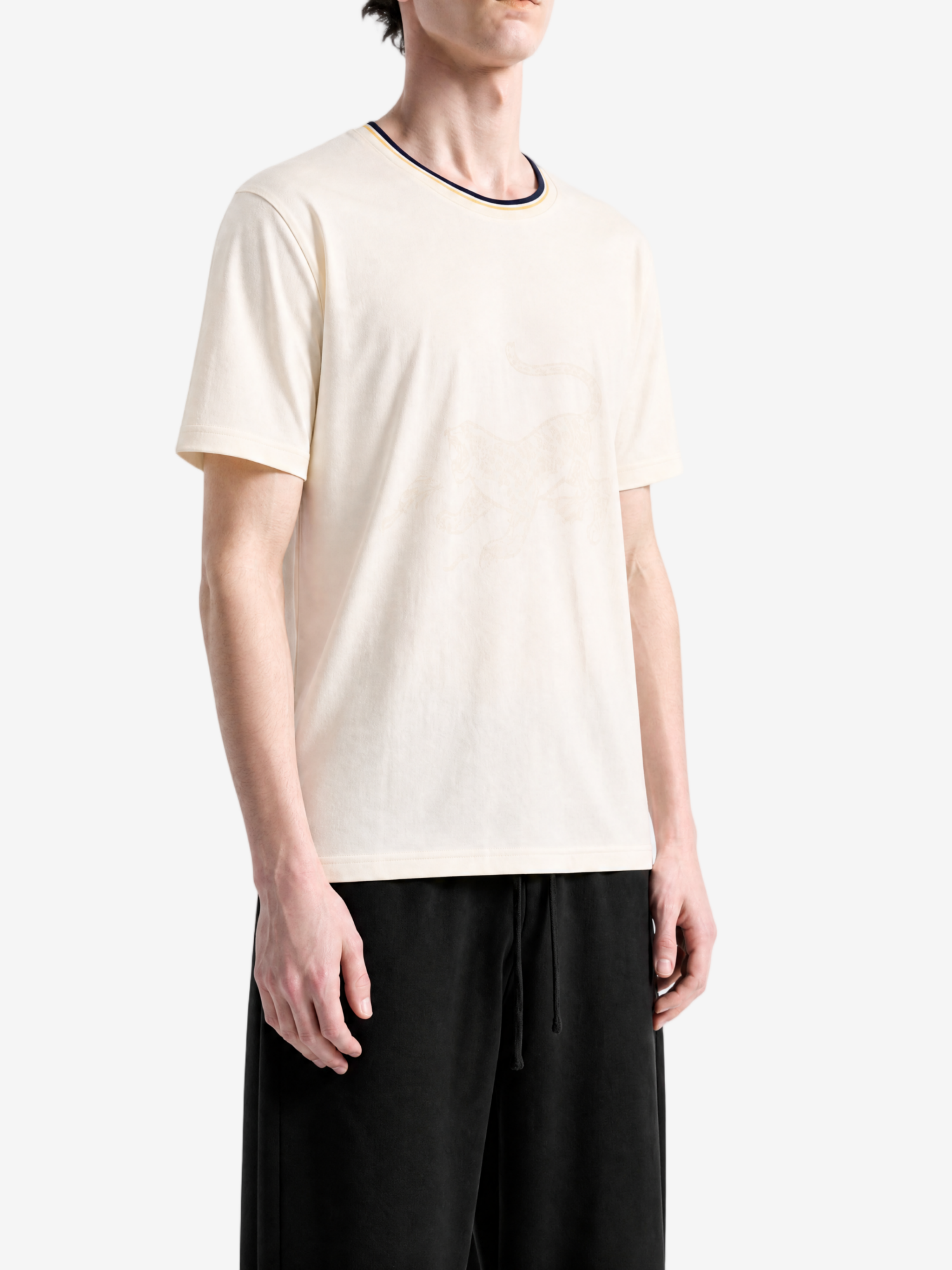 White t-shirt worn by a person, showing the t-shirt fit