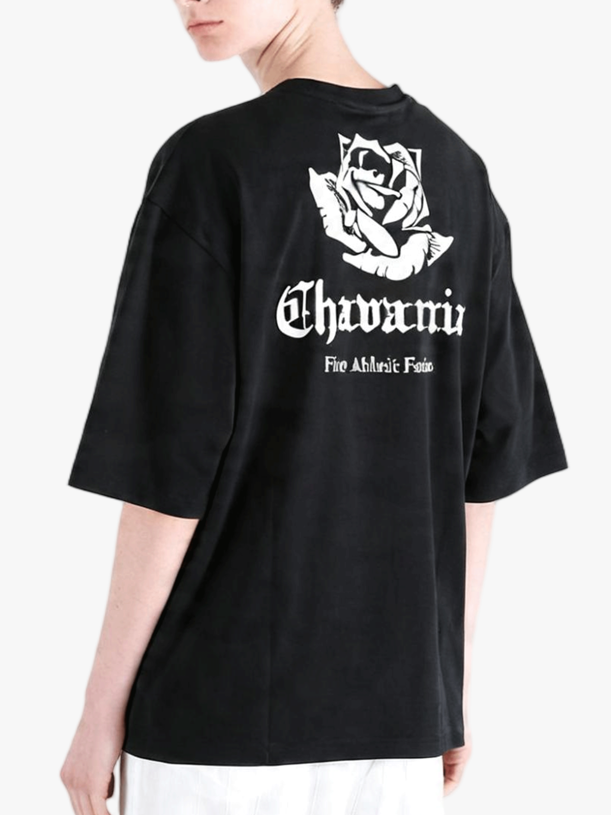 Black t-shirt worn by a person, back view