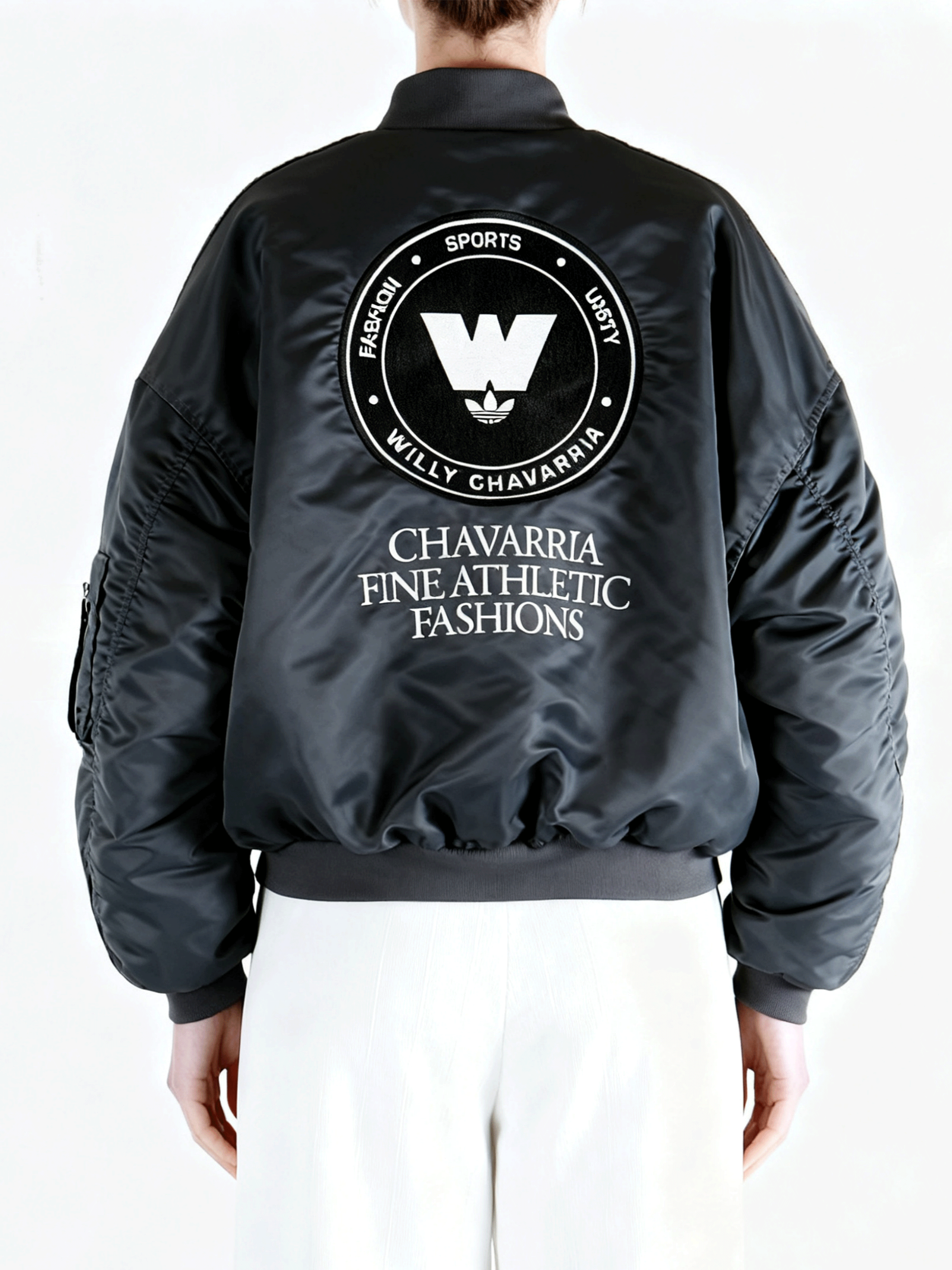 Grey jacket worn by a person, back view