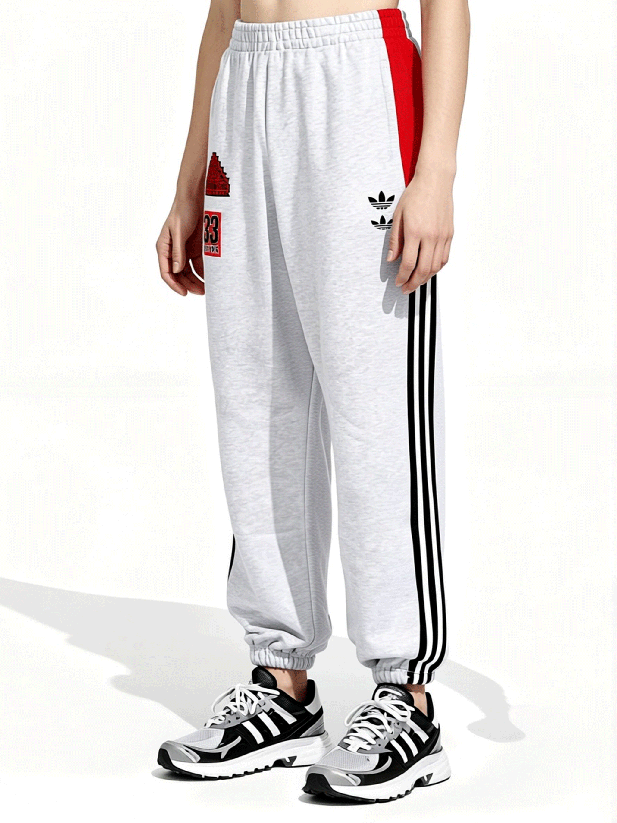 Grey pants worn by a person, side view