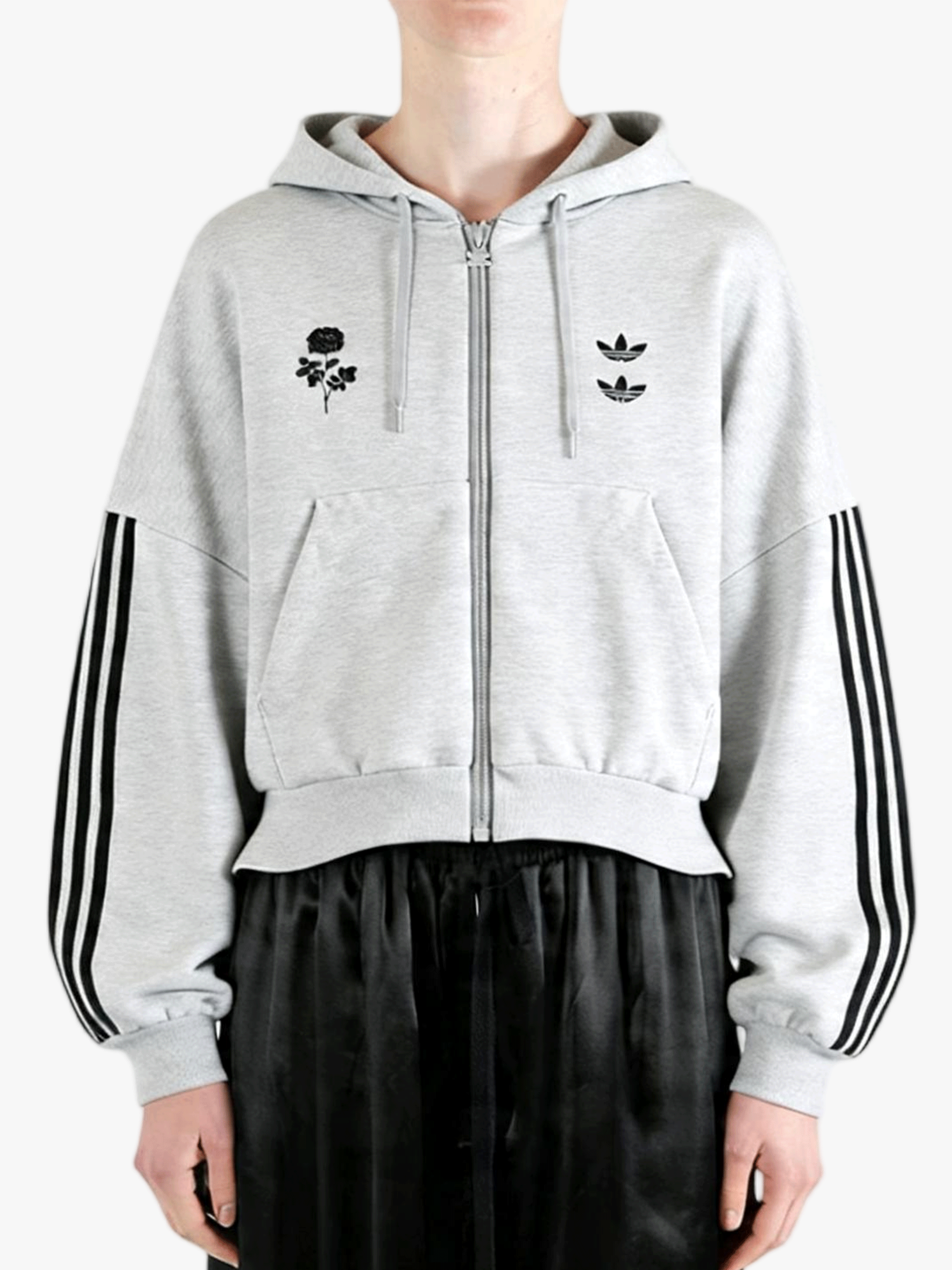 Grey hoody worn by a person, showing the hoody's fit