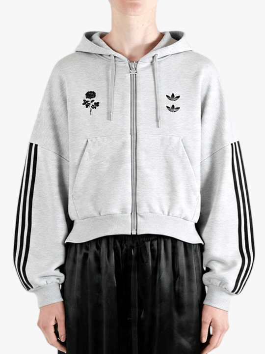 Grey hoody worn by a person, showing the hoody's fit