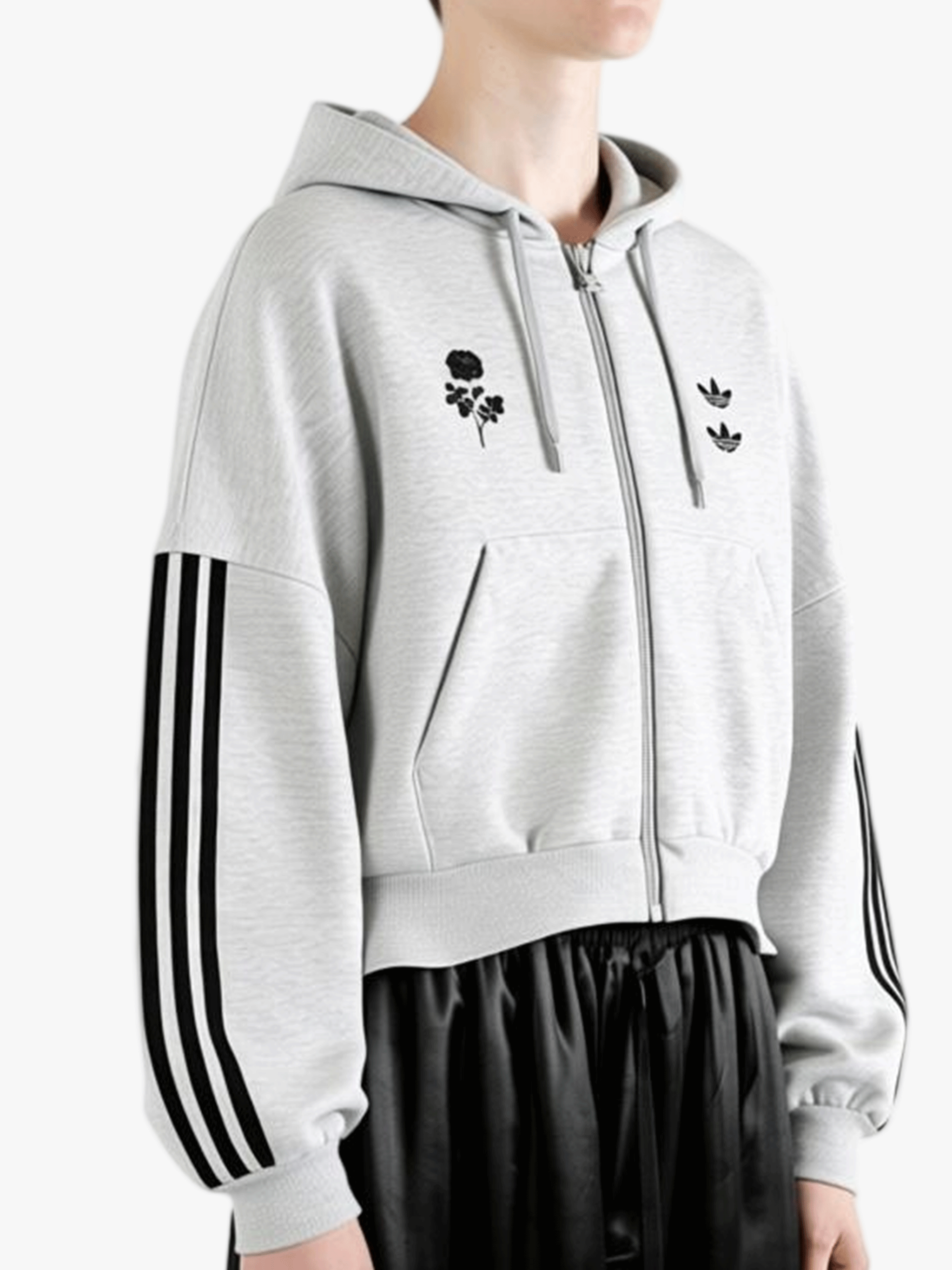 Grey hoody worn by a person, showing the hoody's fit