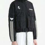 Black jacket worn by a person, side view