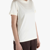 White t-shirt worn by a person, showing the shirt's fit