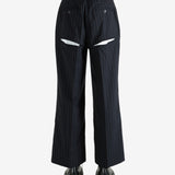 Black pants worn by a person, showing the pants' fit