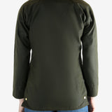 Green jacket worn by a person, showing the jacket fit