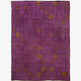 Hand-dyed silk blanket by Lily Raskind in Smoke Brush, shown flat to display patchwork pattern and rich purple tone.