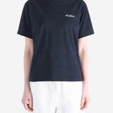 Navy t-shirt worn by a person, showing the t-shirt's fit.