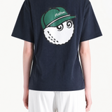 Navy t-shirt worn by a person, showing the t-shirt's fit.