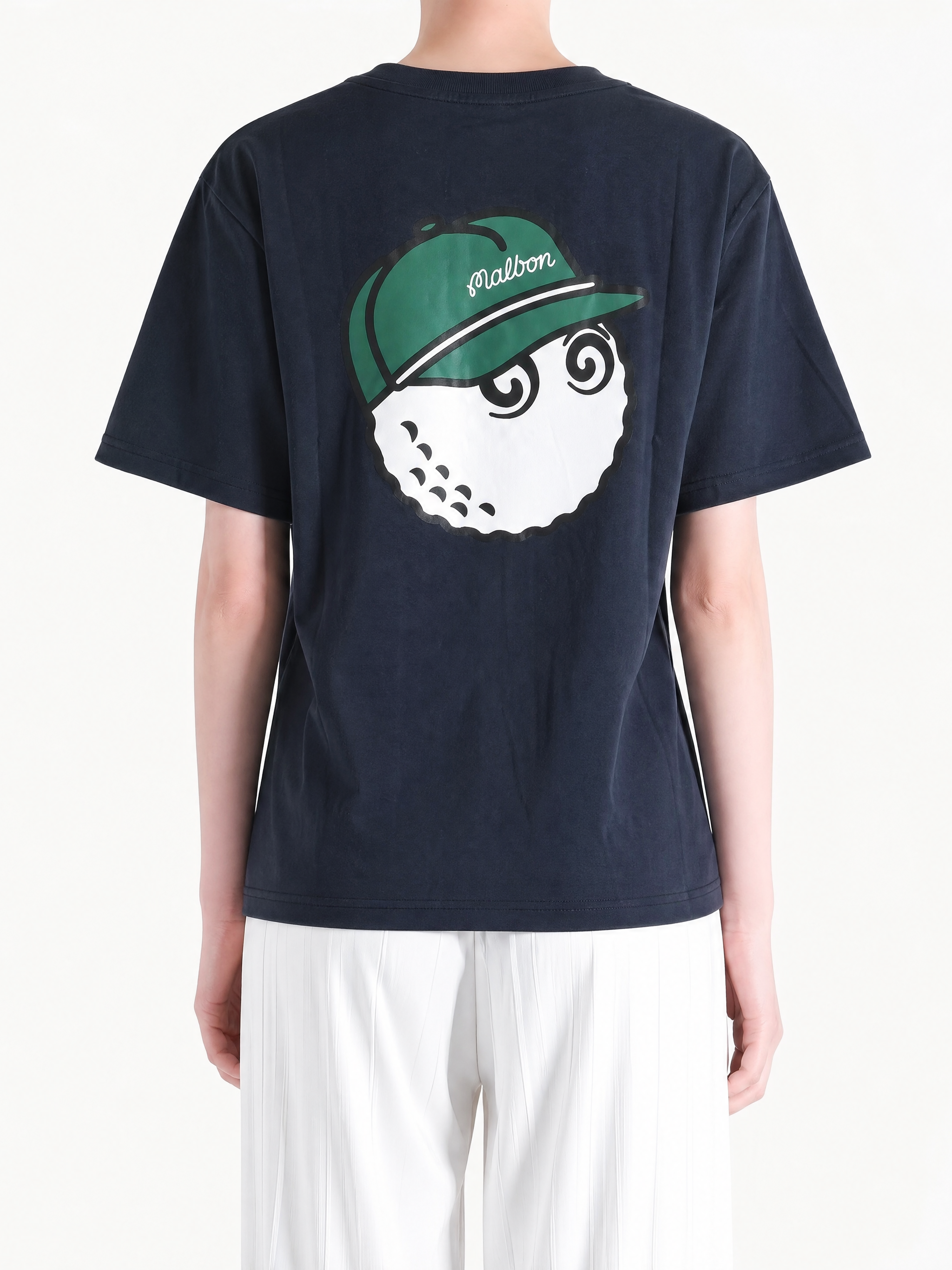 Navy t-shirt worn by a person, showing the t-shirt's fit.