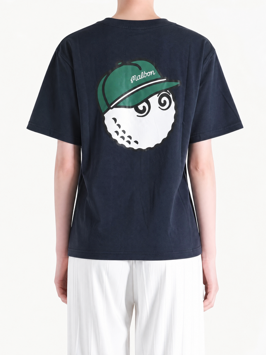 Navy t-shirt worn by a person, showing the t-shirt's fit.