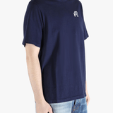 Navy t-shirt worn by a person, showing the shirt's fit
