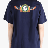 Navy t-shirt worn by a person, showing the shirt's fit