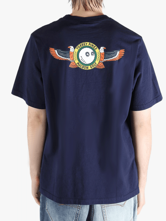 Navy t-shirt worn by a person, showing the shirt's fit