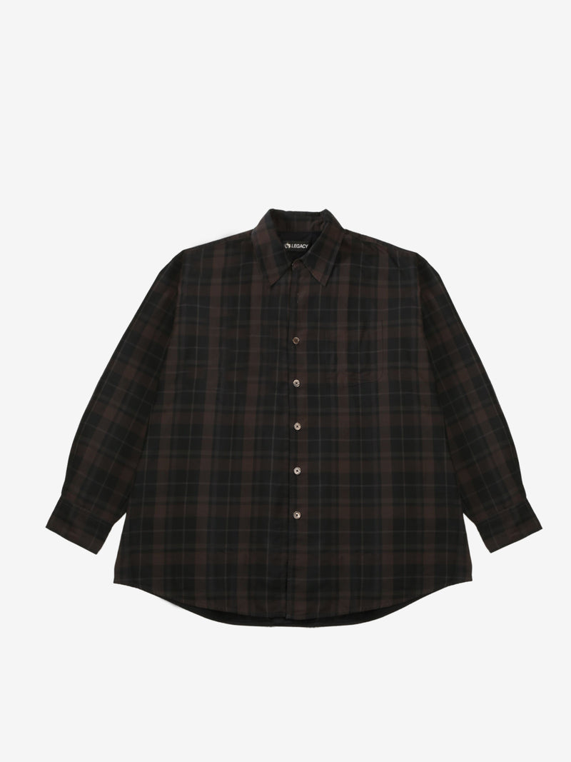 Men black and brown striped plaid shirt, front view