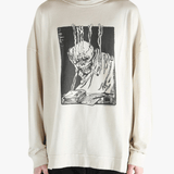 White sweatshirt worn by a person, showing the sweatshirt's fit