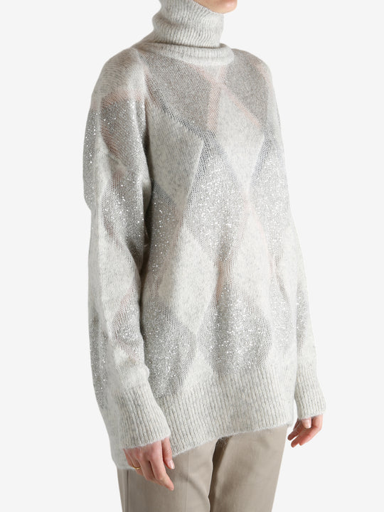 Grey knitwear worn by a person, showing the knitwear's fit