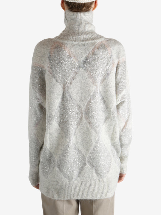 Grey knitwear worn by a person, showing the knitwear's fit