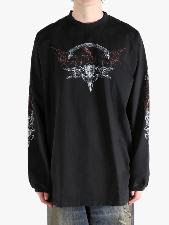 Black shirt worn by a person, showing the  shirt fit