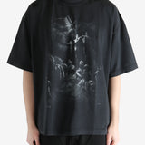 Blcak T-shirt worn by a person, showing the T-shirt fit