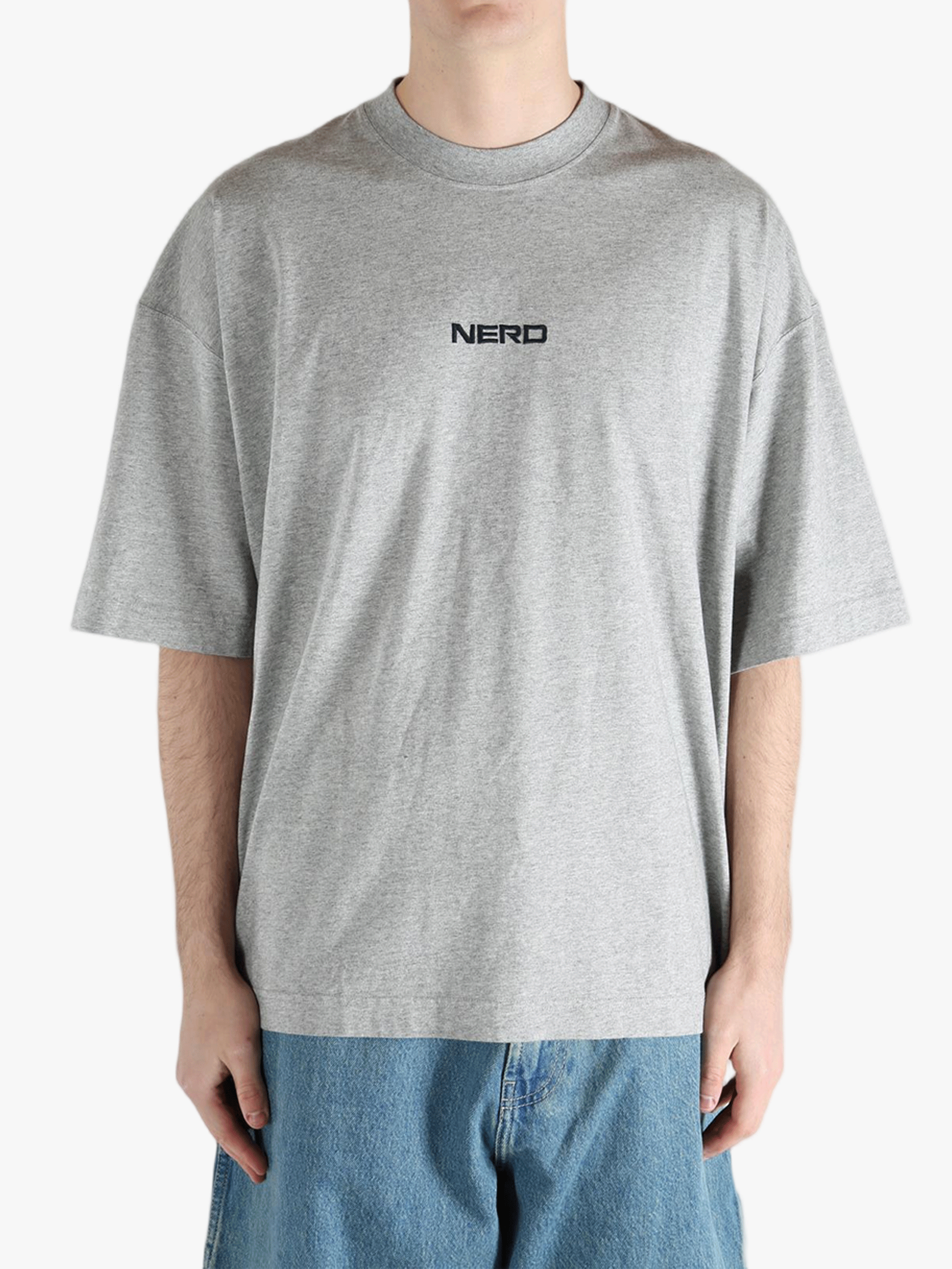 Gray t-shirt worn by a person, showing the shirt's fit