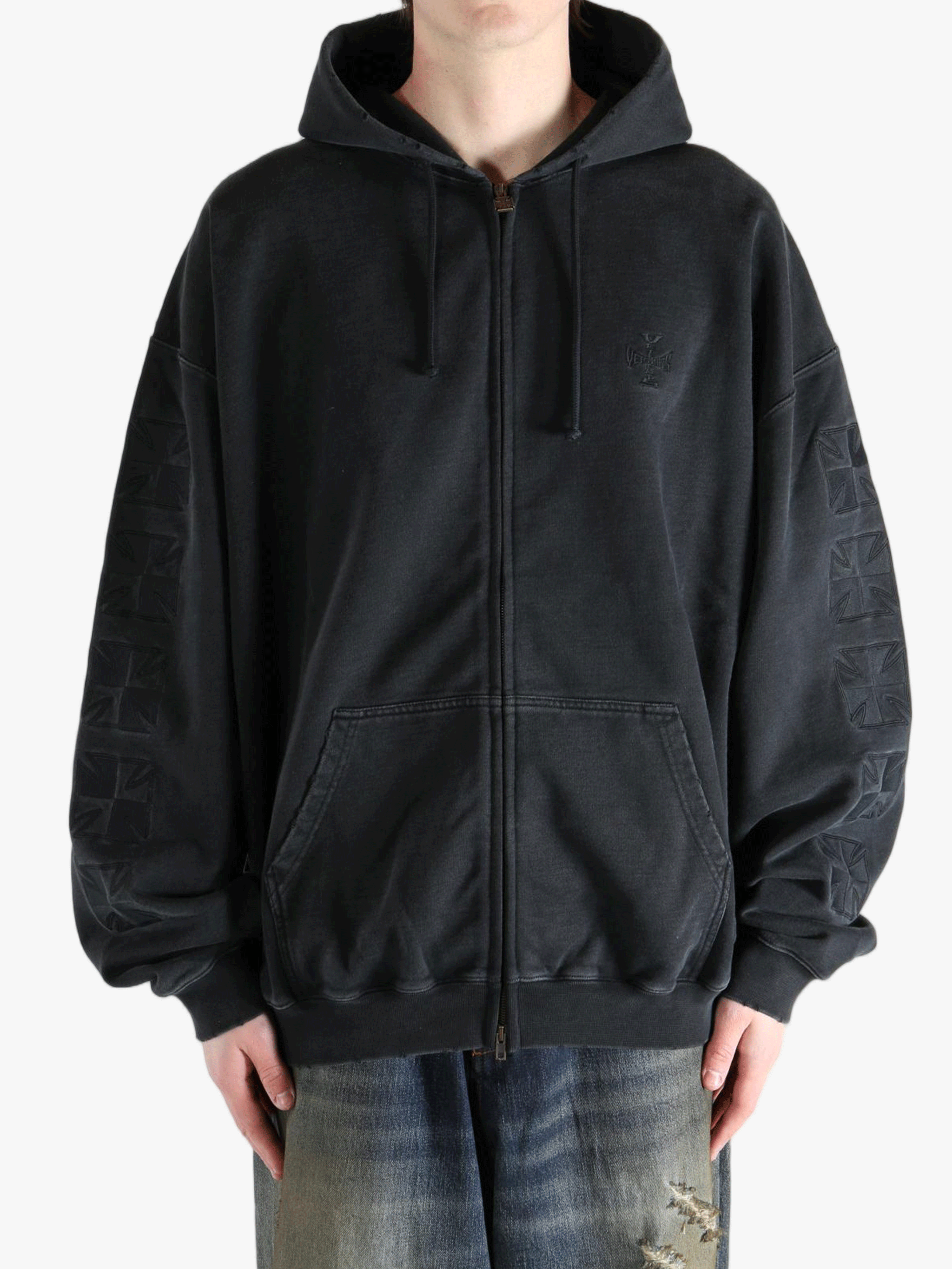 Black hoodie worn by a person, showing the hoodie fit