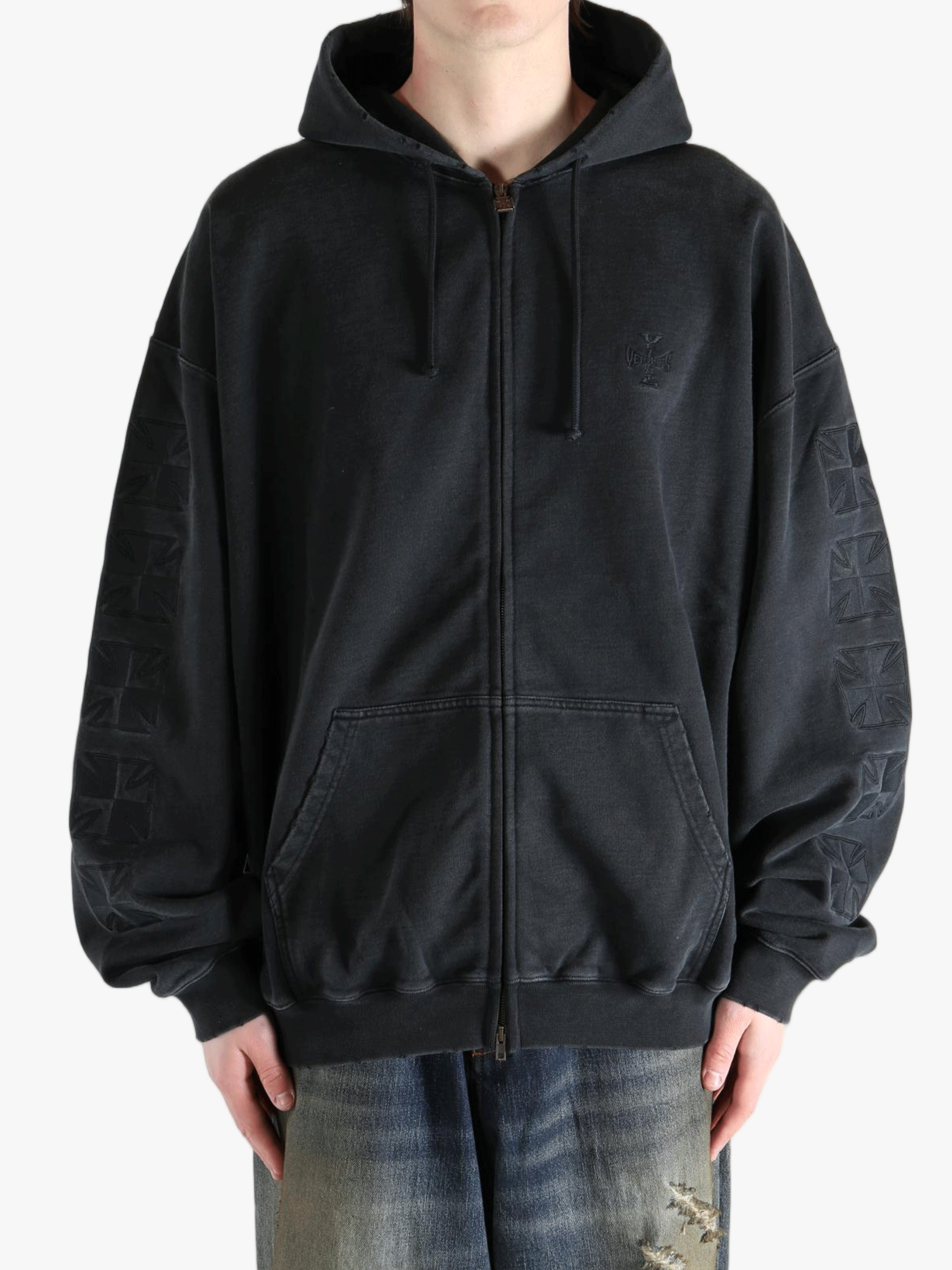Black hoodie worn by a person, showing the hoodie fit