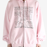 Pink hoodie worn by a person, showing the hoodie fit