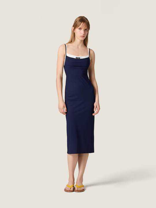 Navy dress, full body view