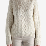 White knitwear worn by a person, showing theknitwear's fit