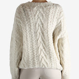 White knitwear worn by a person, showing theknitwear's fit