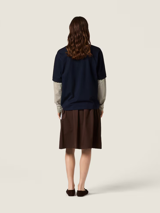 Navy shirt, full body view