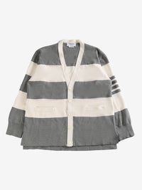 THOM BROWNE - Men Rugby Stripe Milano Stitch  W/4 Bar Stripe V Neck Cardigan