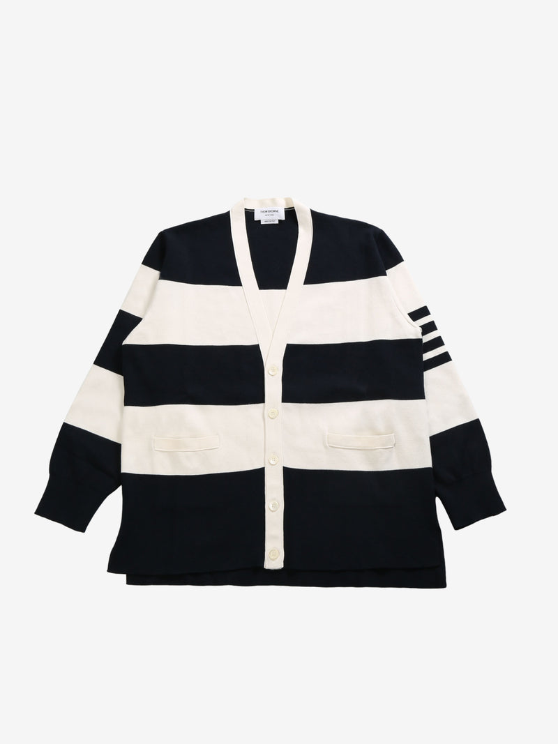 THOM BROWNE - Men Rugby Stripe Milano Stitch W/4 Bar Stripe V Neck Cardigan