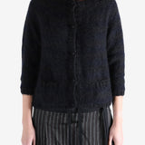 Black cardigan worn by a person, showing the cardigan's fit