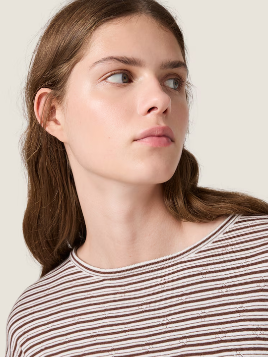 Brown knitwear worn by a person, showing the knitwear fit