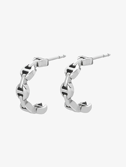 Micro Crescent hoop earrings in 925 sterling silver with anchor chain link detail, angled view, two-piece set.