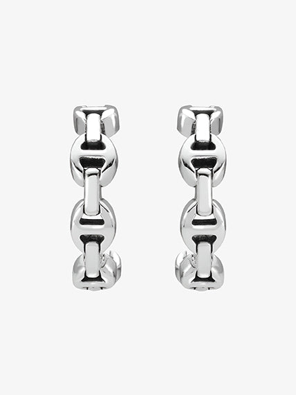 Micro Crescent earrings in 925 sterling silver with anchor chain link detail, semicircular front view, pair set.