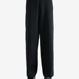 Black pants worn by a person, showing the pants's fit