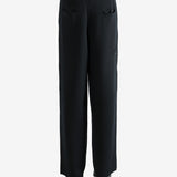 Black pants worn by a person, showing the pants's fit