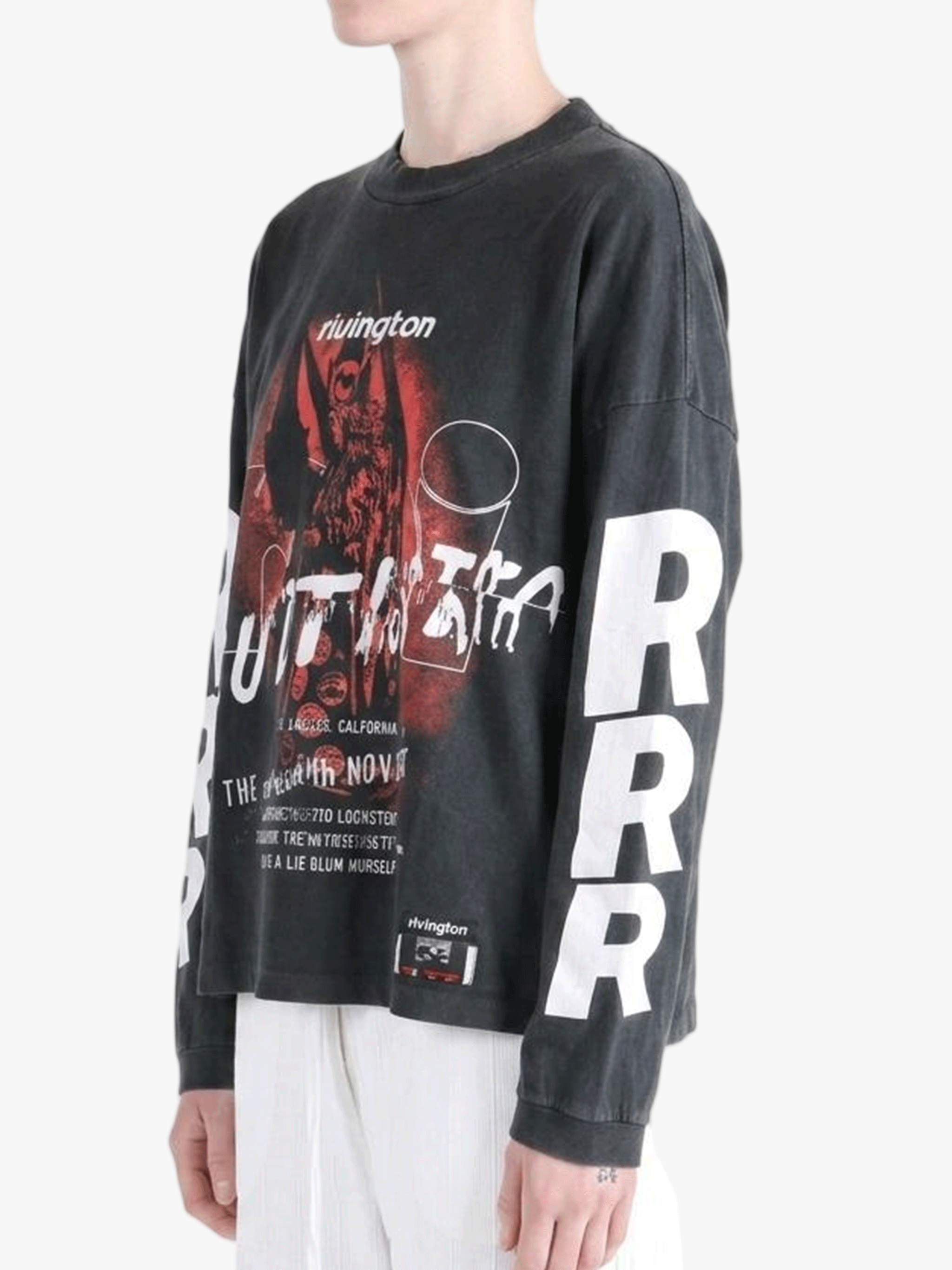 Black t-shirt worn by a person, side view