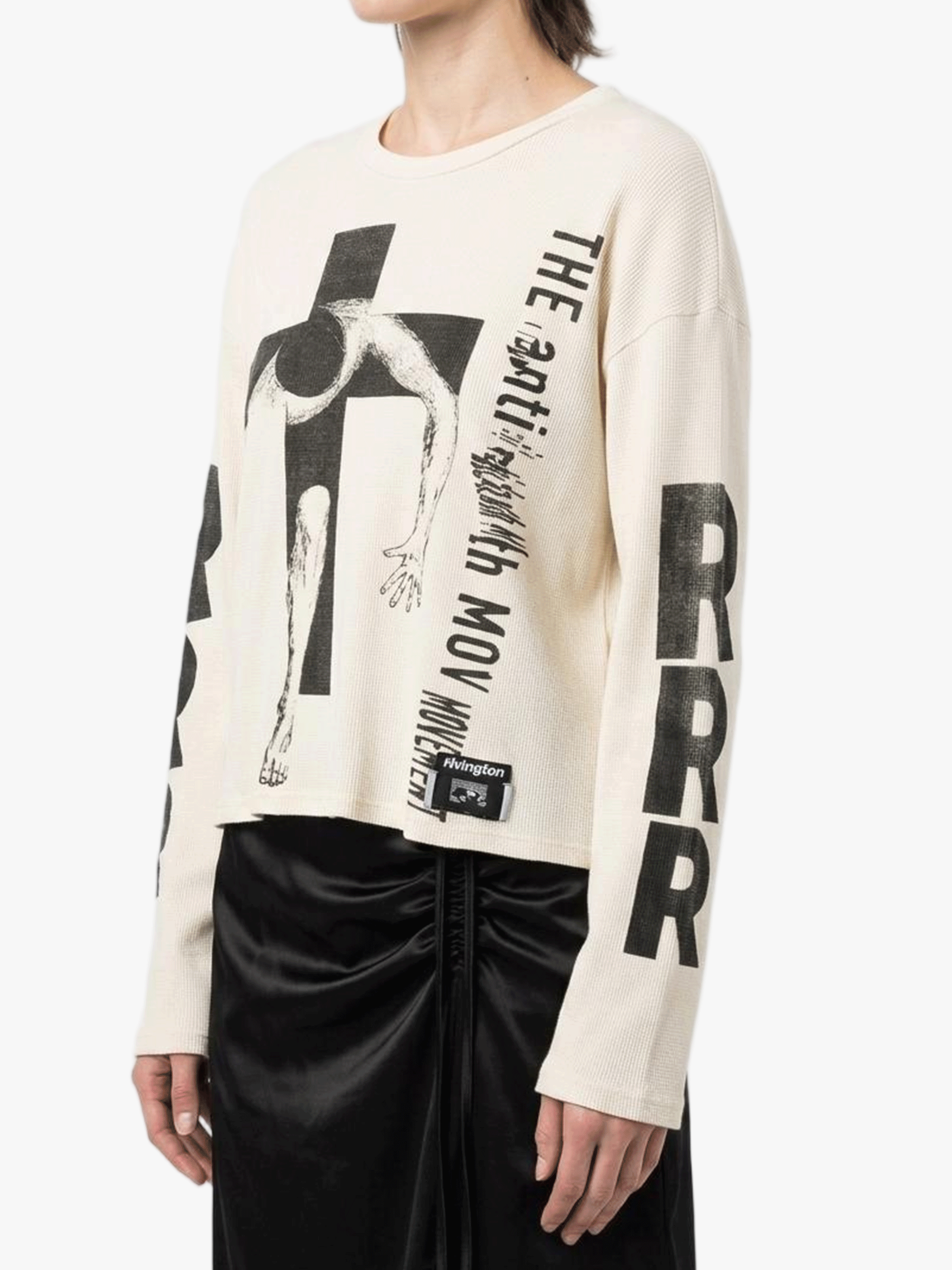 White t-shirt worn by a person, side view