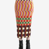 Colorful patterned skirt worn by a person, showing the skirt fit