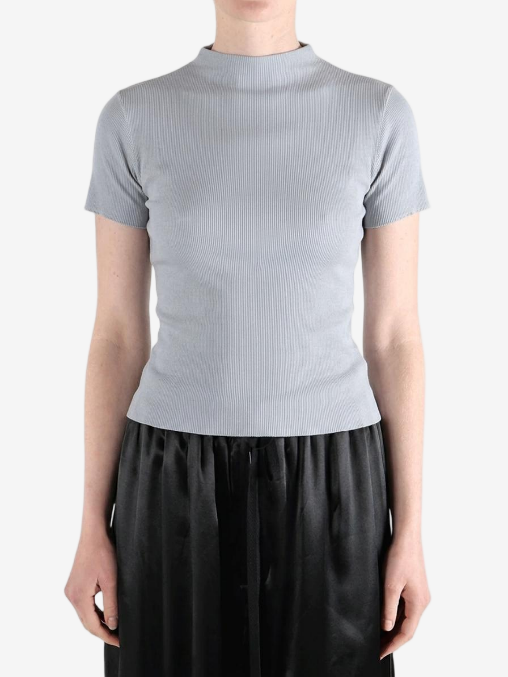 Grey t-shirt worn by a person, showing the t-shirt's fit