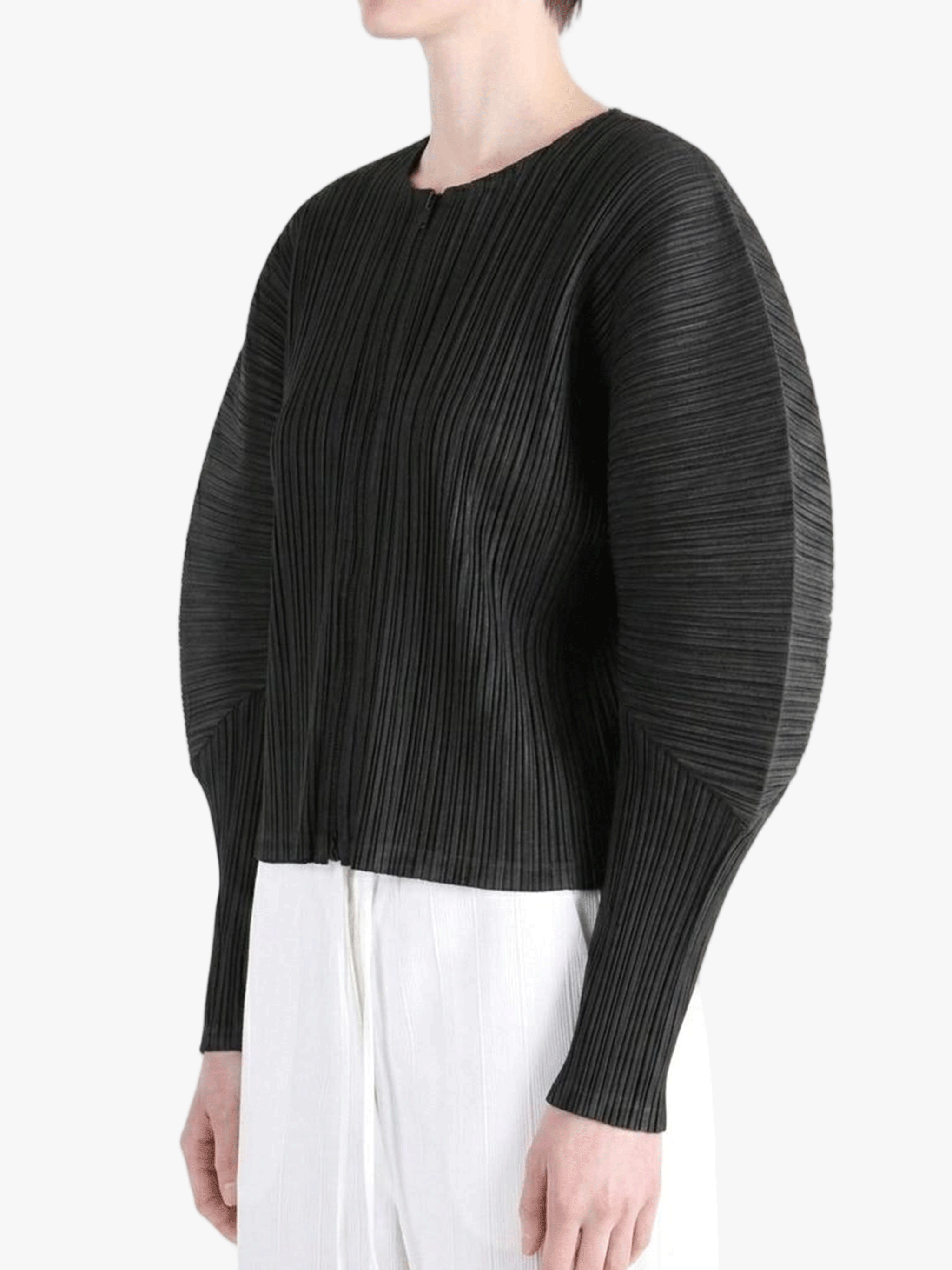 Black jacket worn by a person, side view