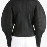 Black jacket worn by a person, back view