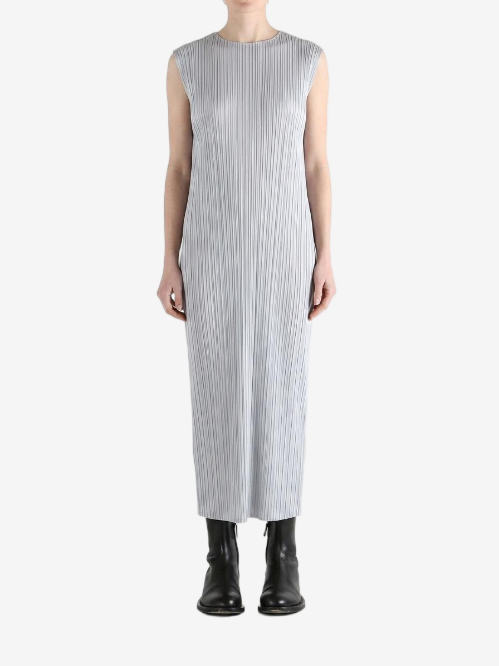 Grey dress worn by a person, showing the dress fit