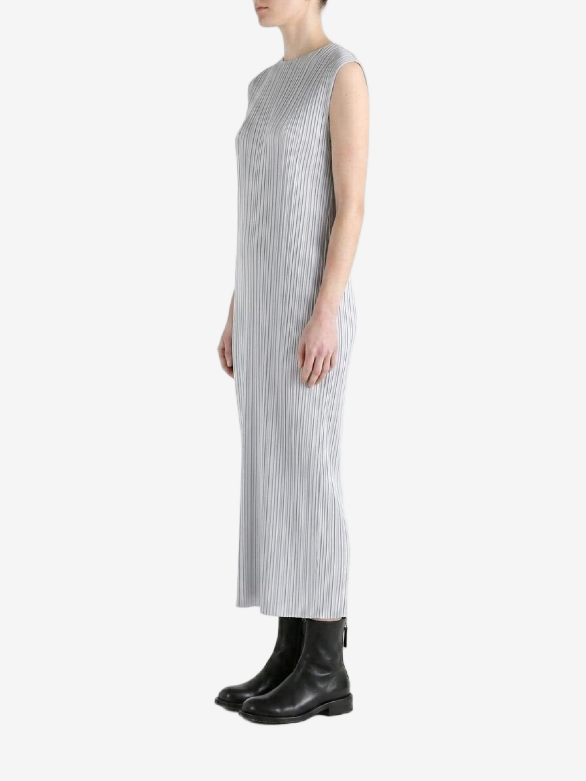 Grey dress worn by a person, side view