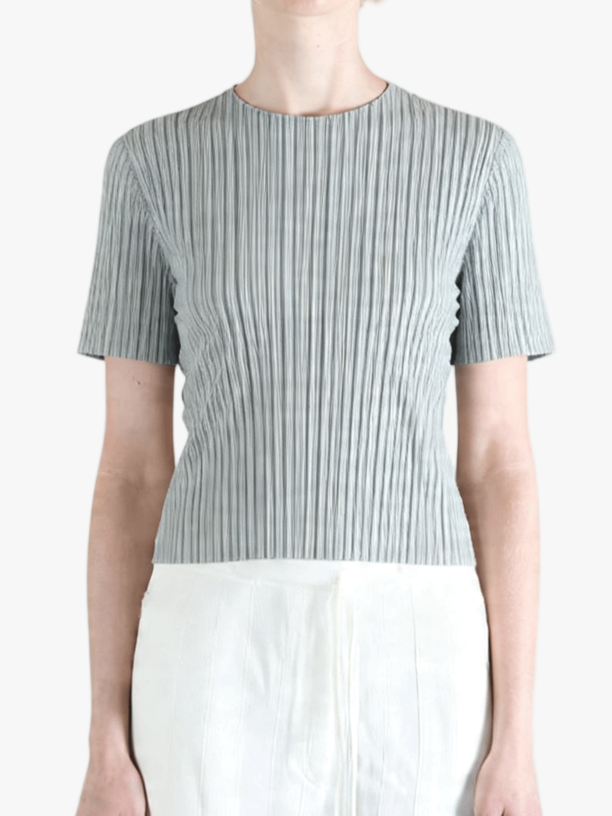 Grey shirt worn by a person, showing the shirt fit